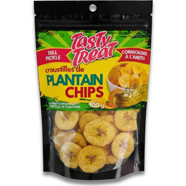 Packaging of Tasty Treat plantain chips with colorful label
